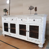 Carved Indian Furniture Handmade Solid Wood Sideboard with Jaali Door With 4 Drawers White 195x45x100Cm